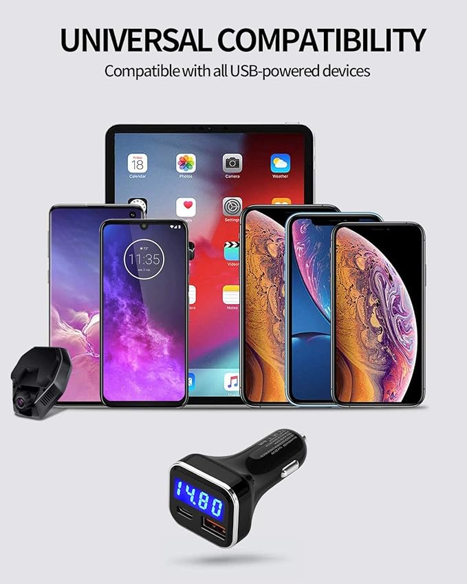 USB C Car Charger Adapter with Voltage Display, 30W Cigarette Lighter Type C Fast Charge Power Delivery & Quick Charge 3.0 (PD & QC), Volt Meter Battery Monitor, Compatible with iPhone Galaxy