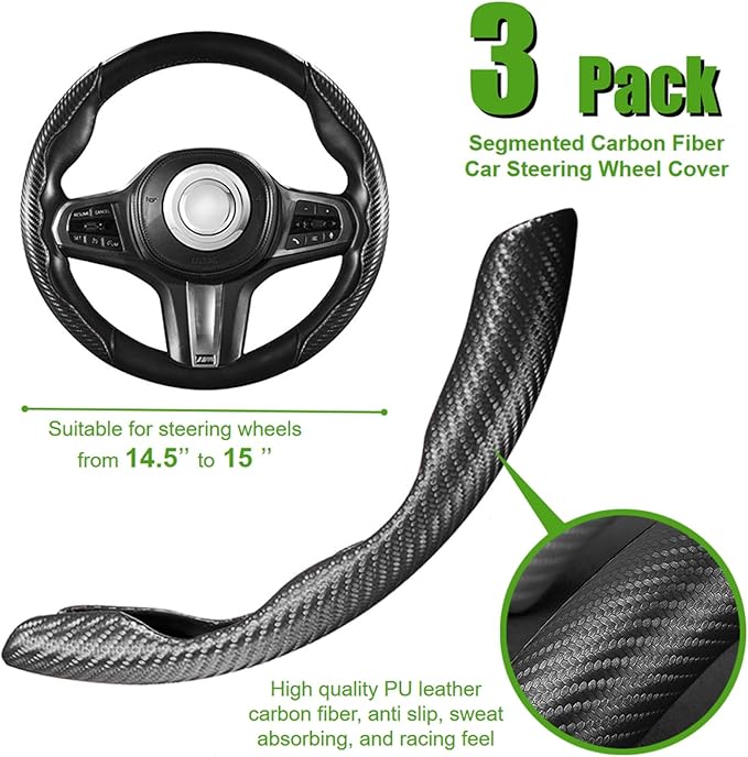 WSSROGY 3 Pack Anti-Skid Segmented Carbon Fiber Car Steering Wheel Cover Protector Universal for Most Car Wheel (Black)