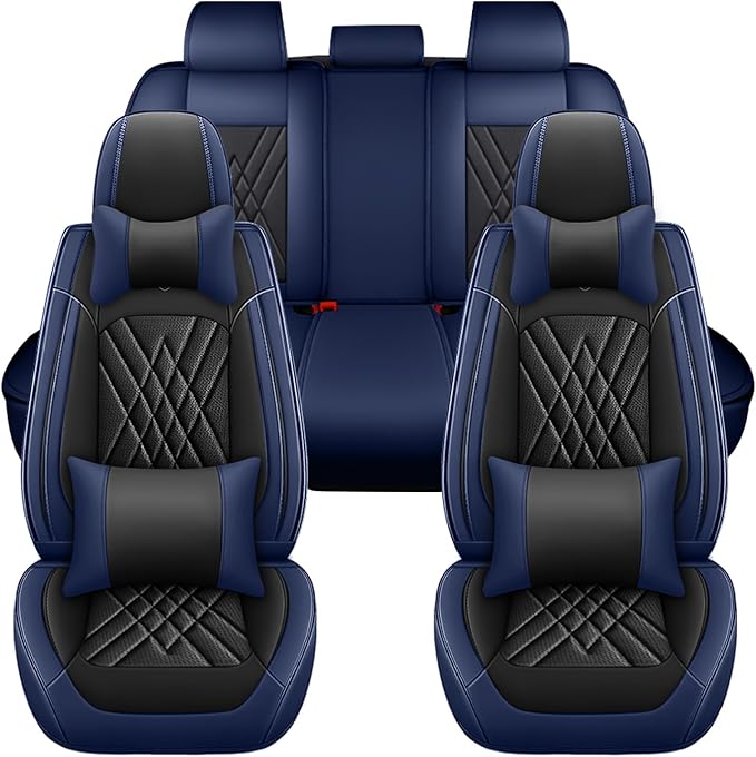 Car Seat Covers Compatible with Toyota Camry 2012-2026 Durable Waterproof Automotive Seat Covers Stretchable Fabric Material,Airbag Compatibility,Premium Nappa Leather(Black Blue,Full Set with Pillow)