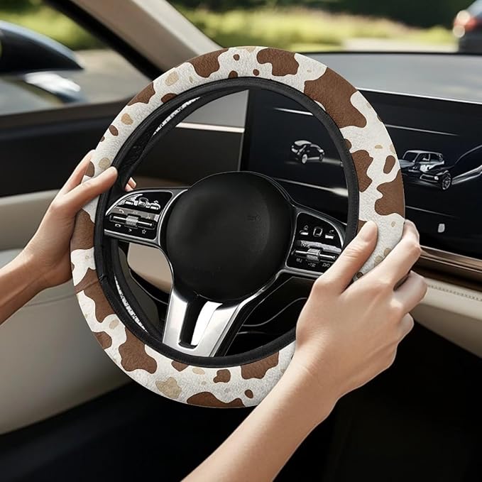 AFPANQZ Elastic Steering Wheel Cover, Brown Cow Pattern Non-Slip Steering Wheel Protective Covers, Women Men Car Accessories Universal 15 Inch Fit Auto, Suvs, Truck