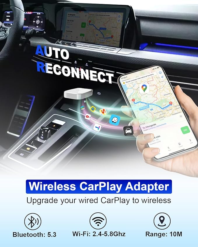 Wireless CarPlay Adapter for Apple iPhone, Convert Wired CarPlay to Wireless, Mini Size with USB-A to USB-C Adapter, Stable Control & No Delay Latency, White