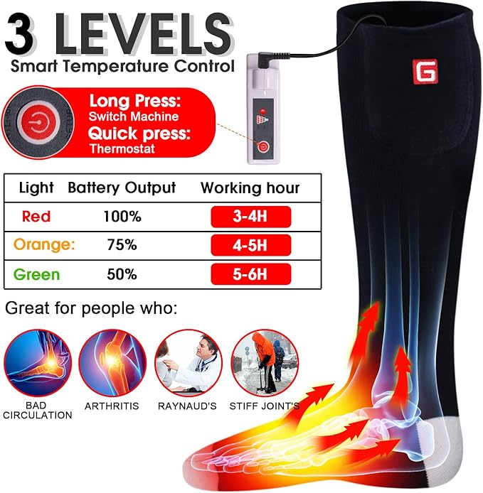 Autocastle Heated Socks for Men Women - Rechargeable Battery Electric Socks for Chronically Cold Feet - Winter Warm Thermal Washable Unisex Foot Warmer for Hunting Skiing Cycling