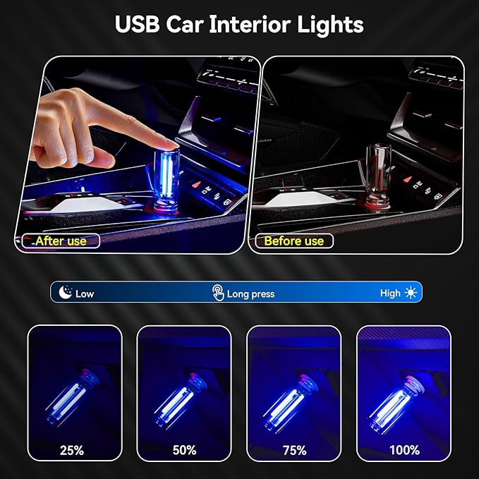 4 PCS USB Night Light, Touch Dimmable Mini USB LED Car Interior Ambient Lights, Portable Plug-in Glass Bottle Night Lamp for Car, Tent, Desk, Bedside (2RGB&1Red&1Blue)