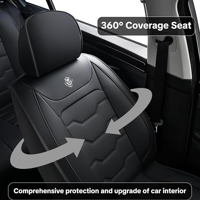 Universal Car Seat Covers, Black, Waterproof Synthetic Leather, Full Set, Non-Slip, Contoured Fit, Fits Most Vehicles, Upgraded Protection for Car Interiors, Airbag Compatible