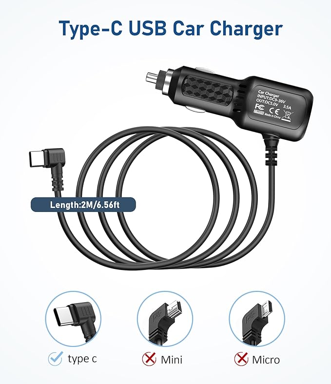 Dash Cam Charger USB C,Type C USB Power Cord,USB C Car Charger,Dual Port USB Dashcam Power Adapter,Fast Charging Cord Suitable for REDTIGER F7N、Vantrue N4、WOLFBOX etc Dashcam (6.5FT)