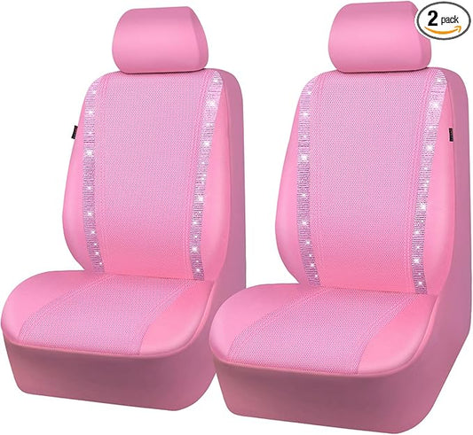 CAR PASS Bling Diamond Car Seat Covers, Shining Rhinestone Waterproof Faux Leather Pink Car Accessories Two Front Only Universal Fit Auto Glitter Crystal Sparkle Strips for Cute Women Girl, Pink