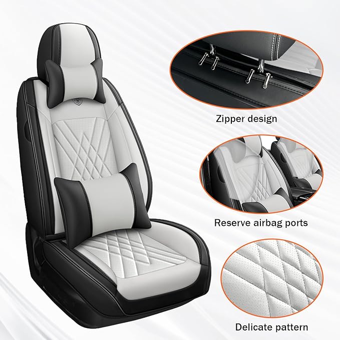 Car Seat Covers Compatible with Toyota Camry 2012-2026 Durable Waterproof Automotive Seat Covers Stretchable Fabric Material,Airbag Compatibility,Nappa Leather(Black White,Full Set with Pillow)