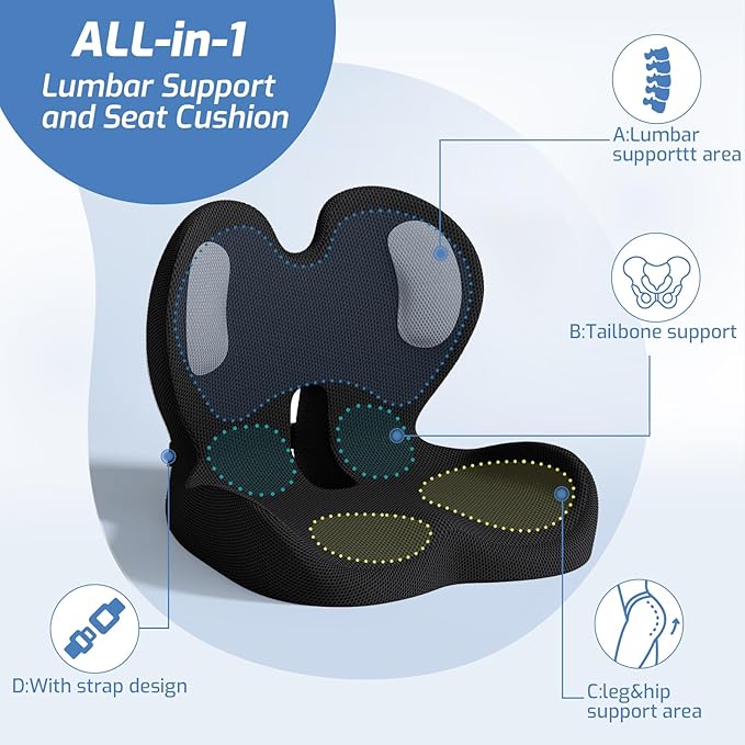 Seat Cushion,Memory Foam Chair Cushion for Office and Car,Ergonomic Coccyx Seat Cushion for Tailbone,Sciatic Nerve,Back Pressure Relief,Lumbar Support Pilow for Office,Car,Truck,Desk Chair