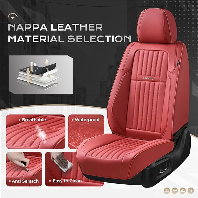 Coverado Car Seat Covers Full Set, Seat Covers for Cars, Car Seat Cover, Car Seat Protector, Leather Car Seat Cushion, Waterproof Car Seat Covers Front Seats and Back Fit for Most Cars(Red)