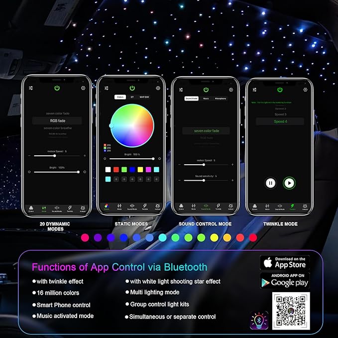 Small Size Car Twinkle Fiber Optic Starlight Headliner Kit, Sound-Activated APP& Remote Control Starlight Engine for Car Home, 300pcs 9.8ft