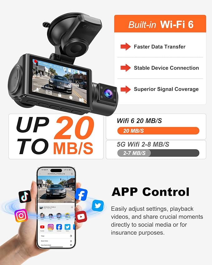 3 Channel 4K Dash Cam with STARVIS 2 Sensor, Free 128GB Card and WiFi 6 up to 20MB/s, Dash Camera for Cars with Front Rear Inside, 4K 2K 1080P, IR Night Vision, GPS, 24H Parking Mode, G-Sensor