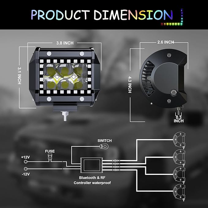 4PCS 4" inch LED Spot Work Light Bar with Multi-Color Chasing RGB Halo 16 Solid Colors Over 92 Flashing Modes Offroad Pods Lights LED Driving Lamp Fog Lights with Switch and Wiring Harness