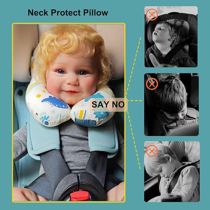Baby Neck Pillows, Comfortable Baby Travel Head Neck Support Pillow for Car Seat Stroller Pushchair, Soft PP Cotton Travel Pillow for 0-2 Years Old Toddler Infant Newborn, Dinosaur