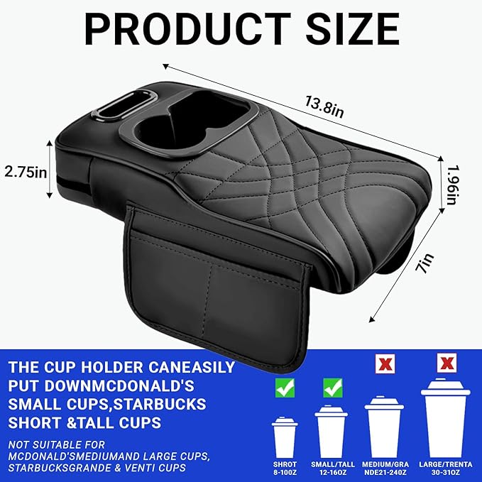 Upgraded Car Center Console Cover,PU Leather Car Armrest Cover Cushion Contains High Elasticity Sponge with 2 Storage Bags Tissue Box (Black-A)