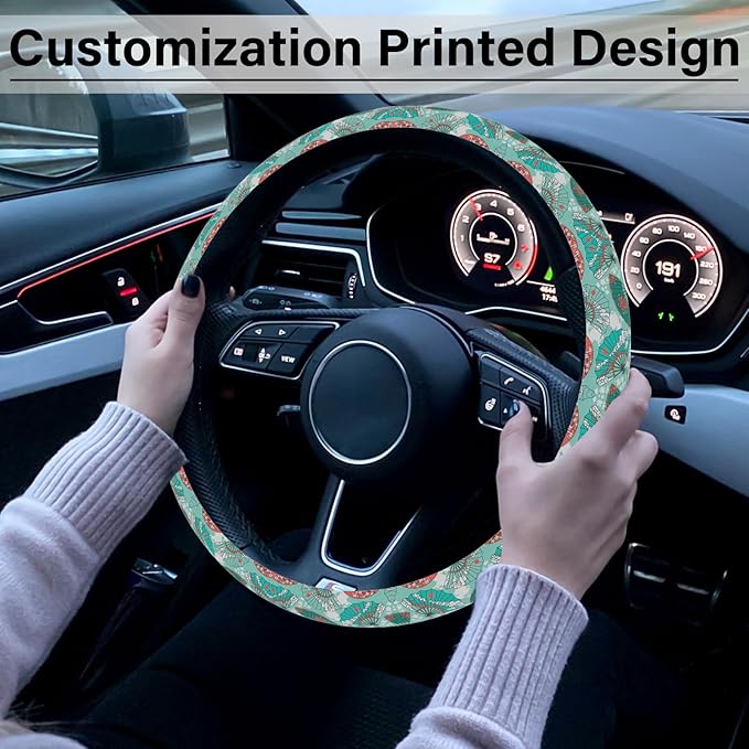 Green and Red Fan Steering Wheel Cover, Cute Print Steering Wheel Cover Protector, Ultra Thin Breathable Non-Slip, Car Accessories for Women, for Steering Wheel with a Diameter of 14.5"-15"