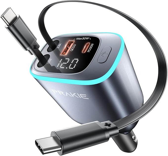 USB C Cable iPhone Car Charger, Retractable Fast USB C Phone Charger, Cigarette Lighter Adapter with 2 USBC Cables 25 Inch and 2 USB Ports, Multi Port Car Charging for iPhone 17/16/15/Pro Max-Gray