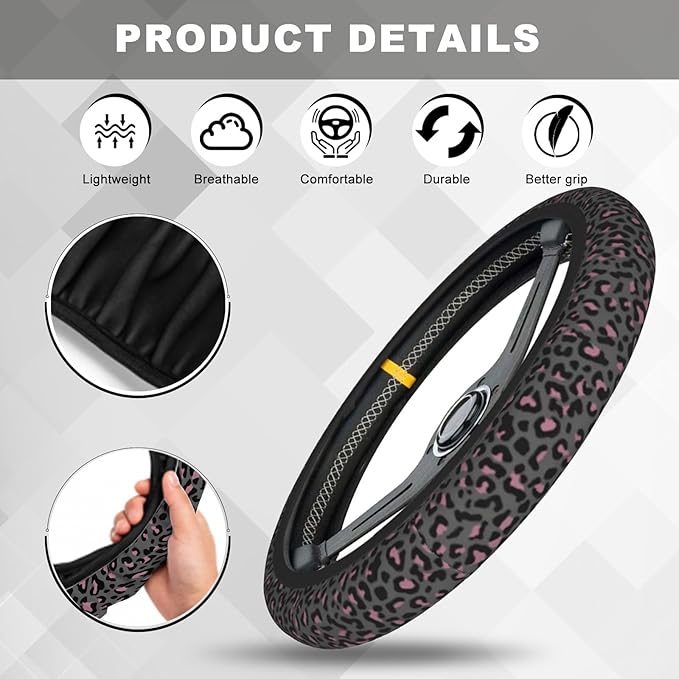 Pink Black Leopard Cheetah Print Steering Wheel Cover, Cute Anti-Slip Breathable Car Accessories Interior Elastic Steering Wheel Cover for Women Fit Auto, SUV Vans Truck Universal 14.5-15 Inch