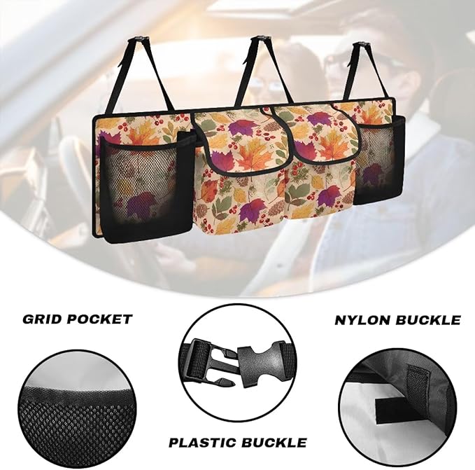 Hanging Car Trunk Organizer, Thanksgiving Maple Leaves Car Back Seat Storage Bag with 4 Pockets Waterproof Auto Interior Accessories for SUV MPV Sedan Truck Jeep