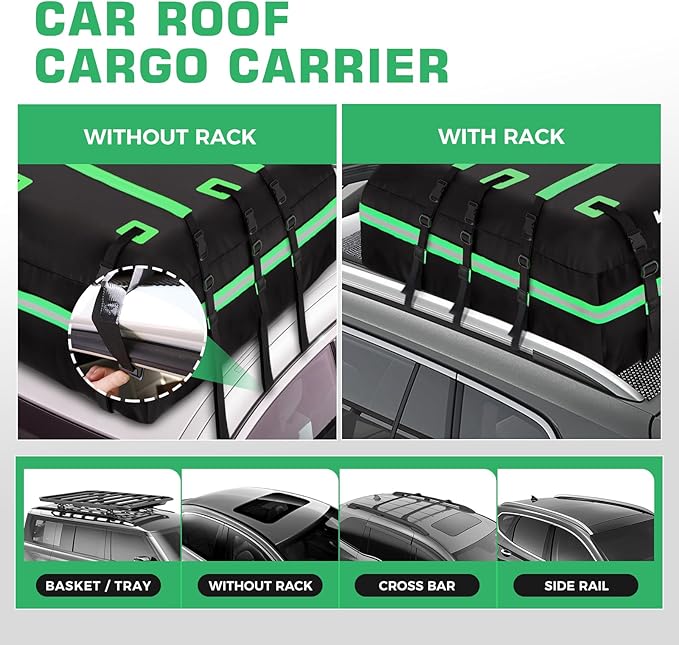 Car Rooftop Cargo Carrier Bag, Waterproof 20 Cubic Feet Car Roof Bag for All Vehicle with/Without Racks -Anti-Slip Mat, 8 Reinforced Straps, 6 Door Hooks,2 Extra Straps, Luggage Locks (Green)