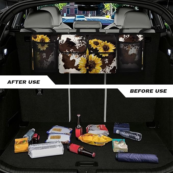 Yellow Sunflower Auto Hanging Seat Back Storage Brown Cow Spots Hanging Cargo Storage Bag for SUVs & Sedans