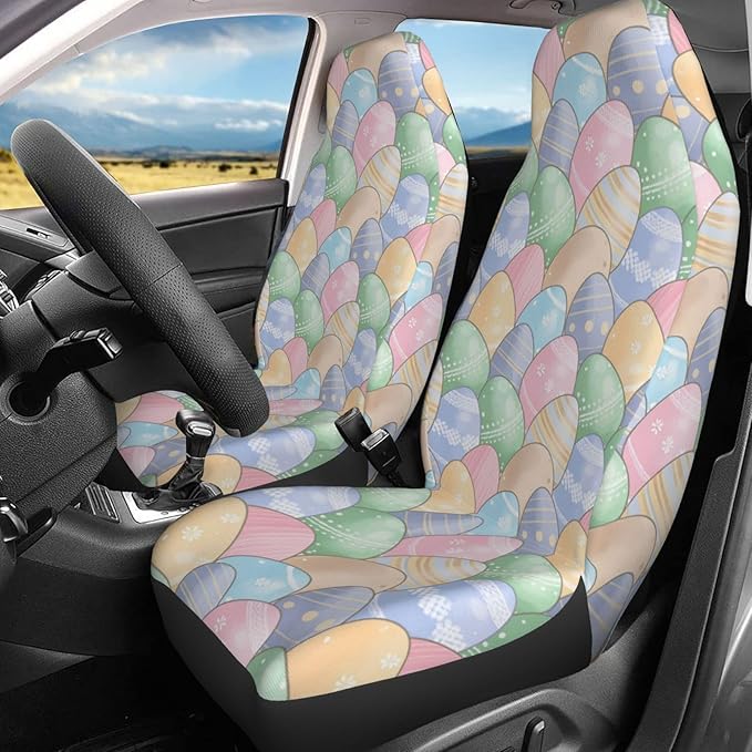 Delerain Car Seat Covers Set 2Pcs, Cute Easter Eggs Universal Front Car Seats Vehicle Enterior Protector Suitable Fits Most Car Auto SUV Sedan Truck