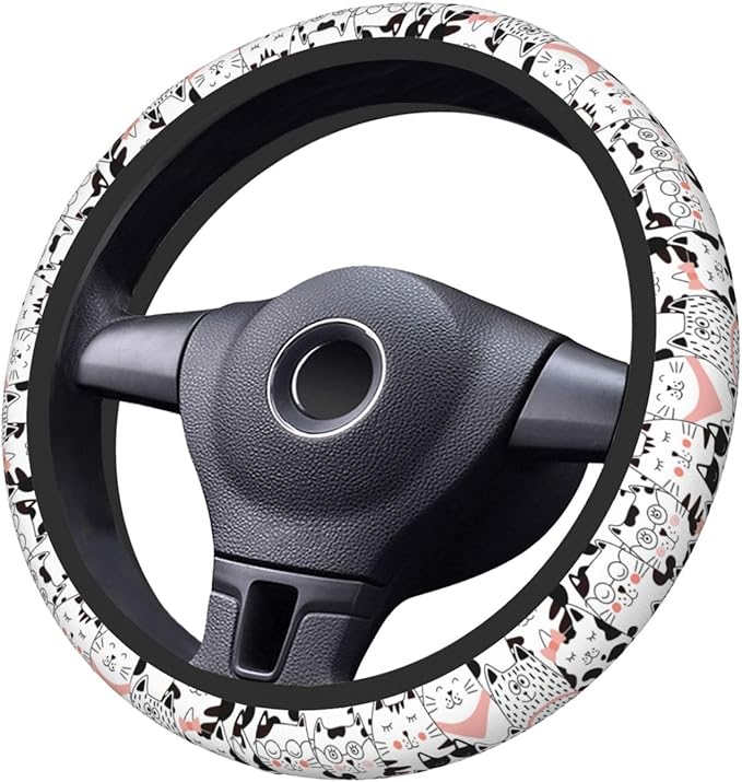 Black and White Cat Steering Wheel Cover Women Men Pink Elastic Stretch Soft Car Wheel Protector Universal Breathable No-Slip Car Accessories for Truck Van SUV Auto Fit 14-15 Inches