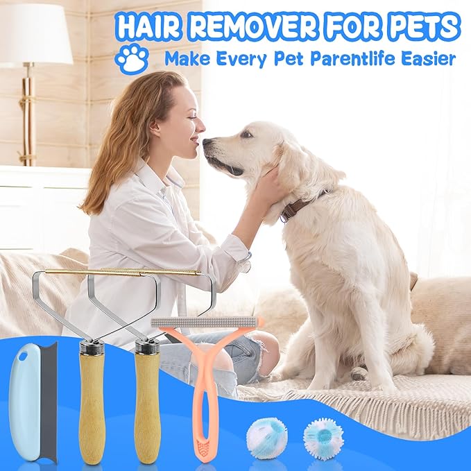 Pet Hair Removal Tool: 6 Pcs Dog Cat Hair Remover - Reusable Pet Hair Remover with Laundry Pet Hair Catcher - Portable Carpet Rake Scraper Fur Removal Tool for Rugs Car Mats Couch Furniture