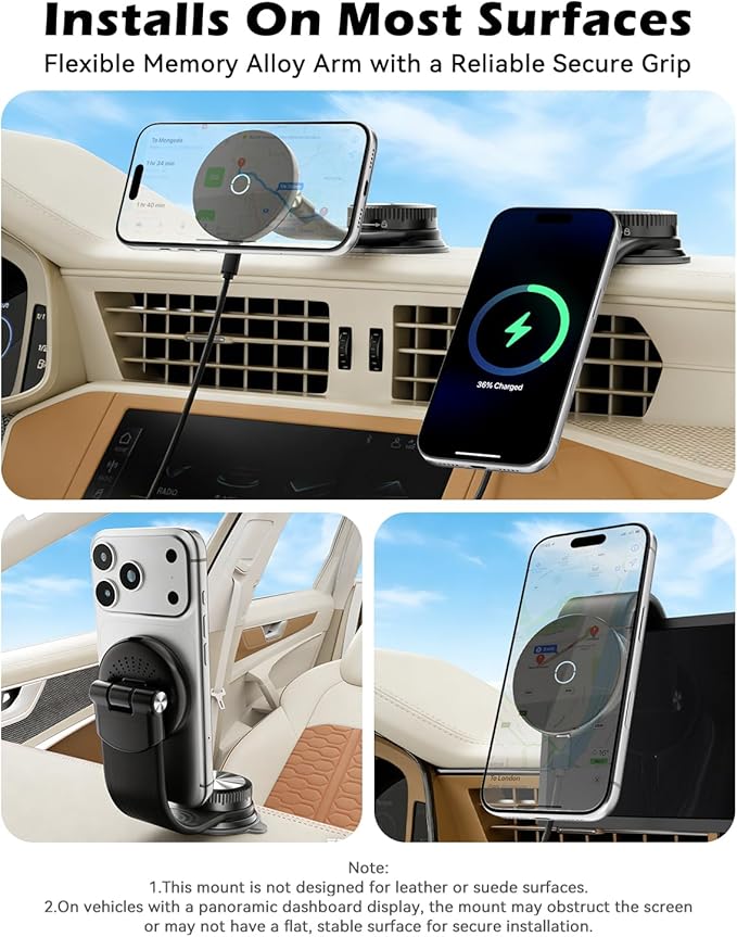 CloudValley Magnetic Car Mount with 15W Fast Charging, 360° Adjustable Bendable Aluminum Arm, Dashboard & Windshield Wireless Charger Phone Holder with Upgraded Silicone Adhesive Pad for iPhone