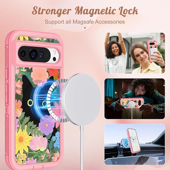 for Google Pixel 9 Case/Pixel 9 Pro Case - Compatible with MagSafe Women Girls Cute Magnetic Protective Cover Girly Cat Flower Floral Design Heavy Duty Shockproof for Pixel 9/9 Pro Phone Case
