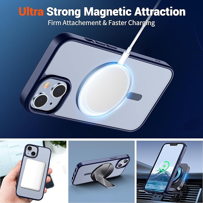 SUPFINE Magnetic for iPhone 14 Case & iPhone 13 Case (Compatible with MagSafe) (Military Grade Drop Protection) Slim Translucent Matte Shockproof Phone Cover,Navy Blue