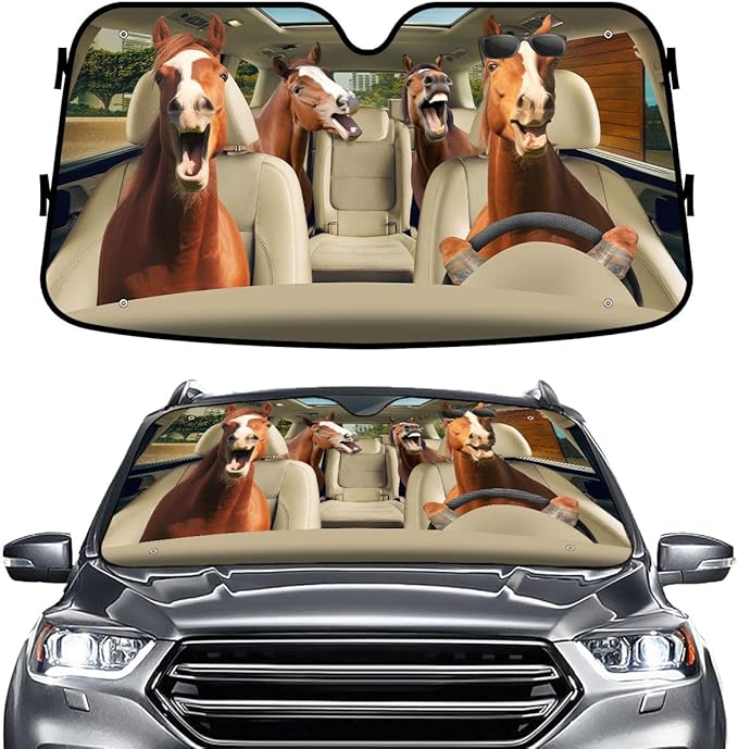 GENANY Horse Funny Windshield Sun Shade for Car SUV Truck (55x30 Inches), Sun Shade Windshield, Shades for Front Windows, Protector Blocks U, Spring Car Decor