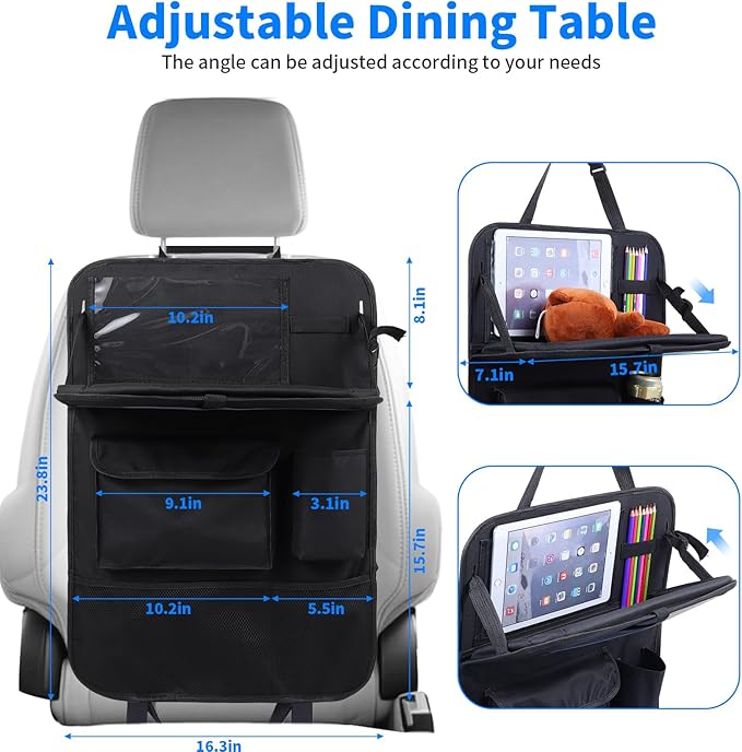 TCJJ Car Seat Organiser, Car Organiser Back Seat for kids, Car Backseat Seat Kick Protector with Tray and Touch Screen Tablet Storage Pockets Black/2 Pack
