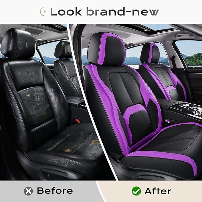 Coverado Car Seat Covers Front Seats, 2 Pack Nappa Leather Seat Covers for Cars, Waterproof Car Seat Protector with Lumbar Support, Front Seat Covers Universal Fit for Most Cars (Black&Purple)