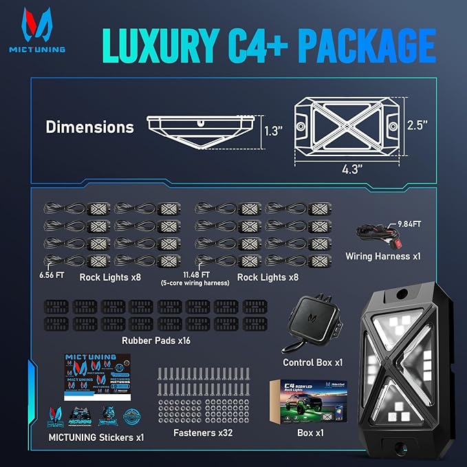 MICTUNING C4+ RGBW Rock Lights, 16 Pods 360° Ultra Bright Pure Color Underglow Neon Lights, Bluetooth APP Control & Music Mode, IP68 Waterproof, for Trucks Cars ATV UTV Golf Cart (2 Year Warranty)
