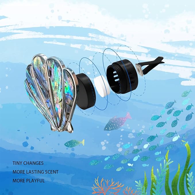 ORIESSE Seashell Car Decor,Coastal Car Air Freshener,Iridescent Abalone Seashell Air Vent Clips,Ocean Themed Car Interior Dashboard Accessories,Girly Refillable Diffuser