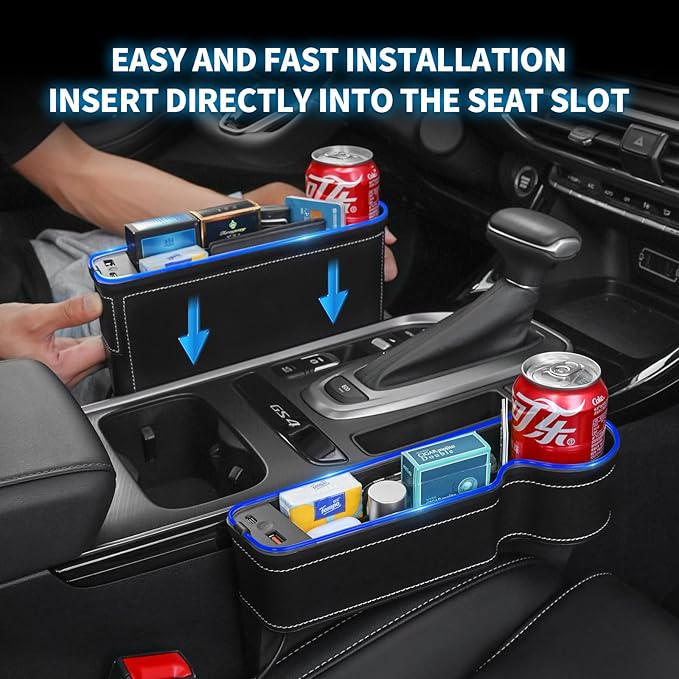 7 Color Led Car Seat Gap Organizer Car Seat Pocket Gap Filler with USB+C Charger,2 Pack Car Seat Gap Storage Console Side Gap Filler with Cigarette Lighter 2026 Fast Charger Seat Gap Filler (Black)