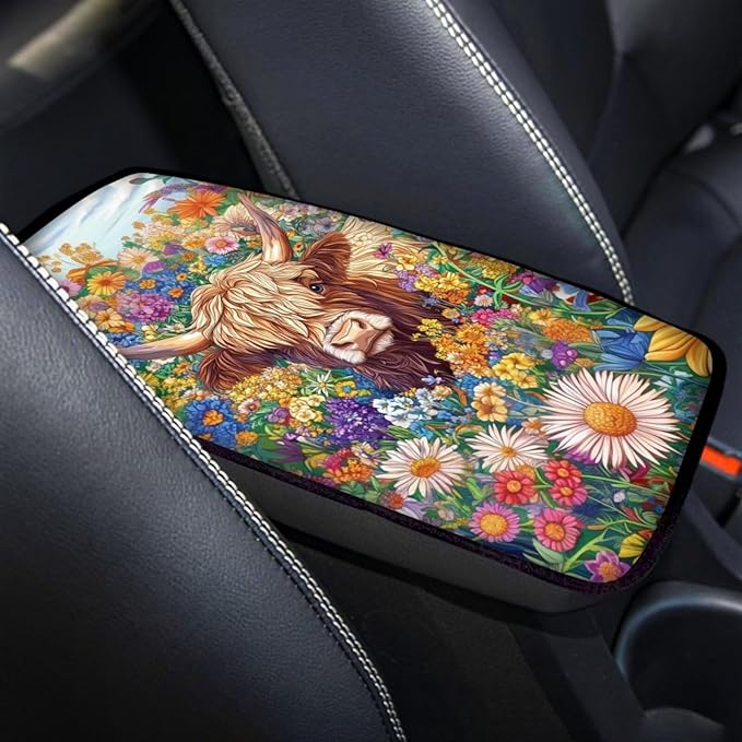 Dreaweet Highland Cow Car Accessories Center Console Cover Soft Armrest Cover for Car Truck SUV Center Console Cushion Pad Car Armrest Seat Box Cover Protector