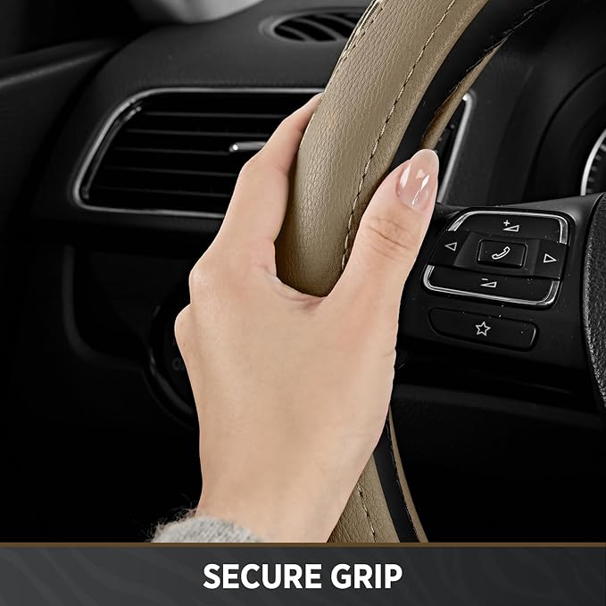 Road Comforts D-Type Steering Wheel Cover - Made with PVC Leather and Leopard Fabric - Universal Fit for 15-Inch D-Shaped Automotive Steering Wheels (Beige Color)