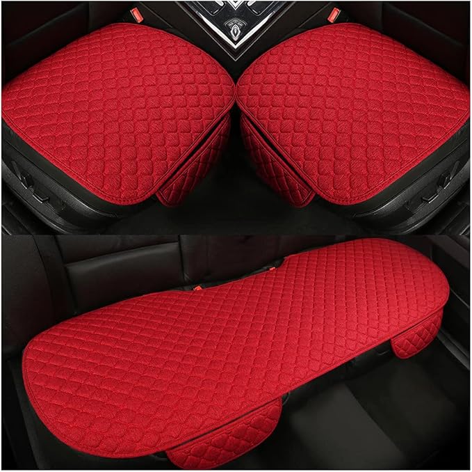 3PCS Set Car Seat Cushion for Front and Back Seat, 3D Soft Linen Breathable Auto Seat Cover, Comfort Non-Slip Rubber Bottom, Car Seat Protector Pad Universal for Office Chair, Home (Red/3PCS)
