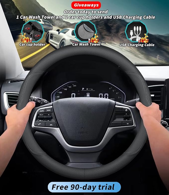 Custom-Fit Premium Leather Steering Wheel Cover with Logo, Non-Slip, Breathable, for Aston Martin (B-Style)