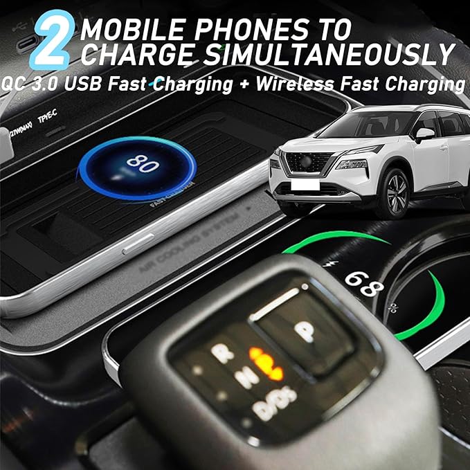 Wireless Car Charger with 15w Wireless and 27w USB Qc3.0 Fast Charging for Nissan Rogue (2021-2023) S/Sv/Sl Center Console Charging Pad Mat Interior Accessories