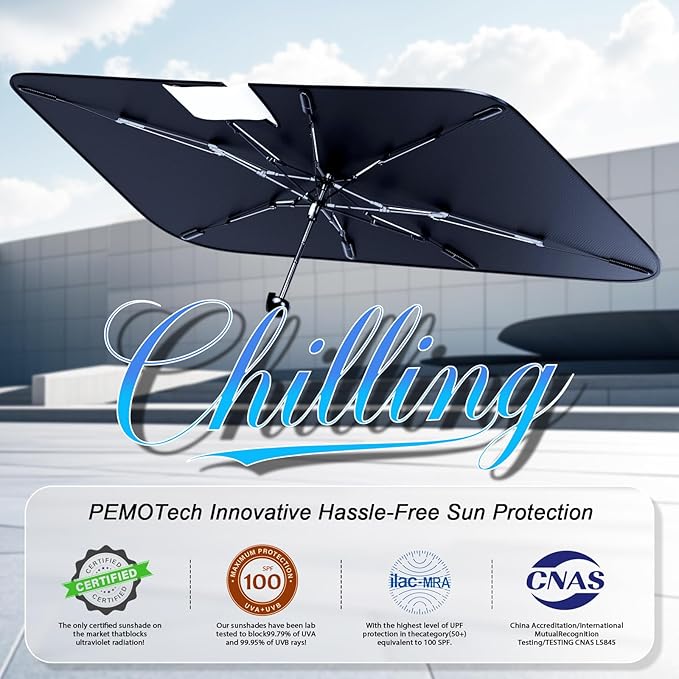 PEMOTech Sport&Compacts Car Accessories Umbrella Windshield Sun Shade | Quick-Install Reliable UV Blocker&Heat Shield | Versatile Car Window Shades | Keep Cool&Protect Interior | Medium(49"X25.6")