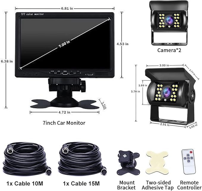 Hodozzy Dual Backup Camera Monitor System for RVs,-7 Inch LCD Screen with 2 Cameras, IP68 Waterproof, 18IR Night Vision, Rear View Camera 4-Pin Cable for Car, Truck/Trailer/Bus/Van/Caravan (12V-24V)