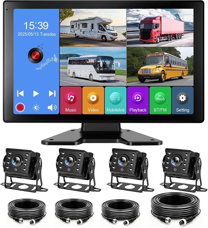 4 Channel RV Backup Camera System with 10.1" Touch Screen Monitor, DVR Recording, 4 x 1080P Waterproof Cameras, Quad Split, Bluetooth, for RV Truck Trailer Bus