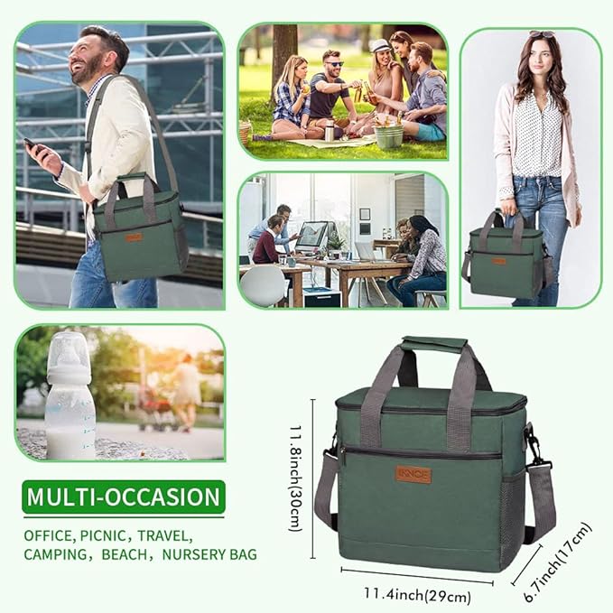 Iknoe Large Cooler Bag Collapsible 24 Can Insulated Bags Leakproof Lunch Cooler Tote with Multi-Pockets for Adult Insulated Thermal Bag for Beach, Picnic, Office Work(Grayish Green)