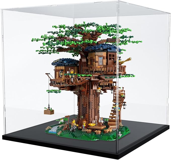 Choowin Large Acrylic Display Case for Lego Ideas Tree House 21318 & Piano 21323 - Thickened Clear Acrylic Display Box for Collectibles - Dustproof, Assemble, Black Base