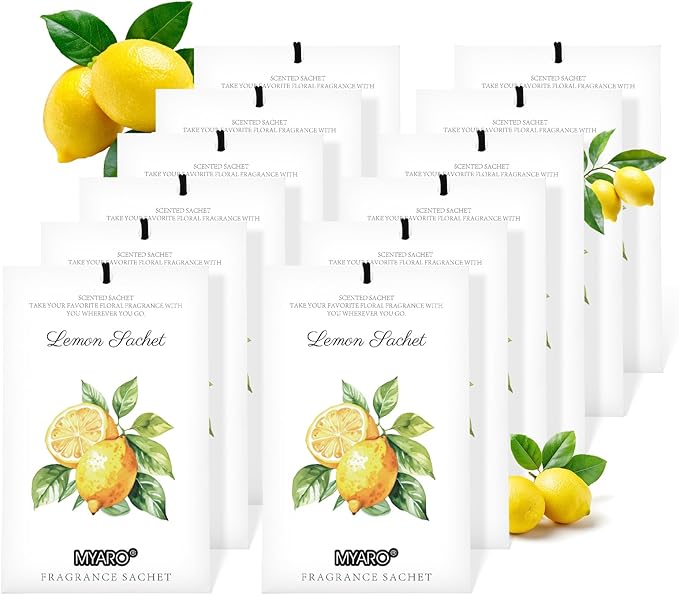 MYARO 12 Packs Lemon Scented Sachets for Drawer Closet Bathroom Odor Eliminator - Fresh Home Fragrance Car Air Frehener