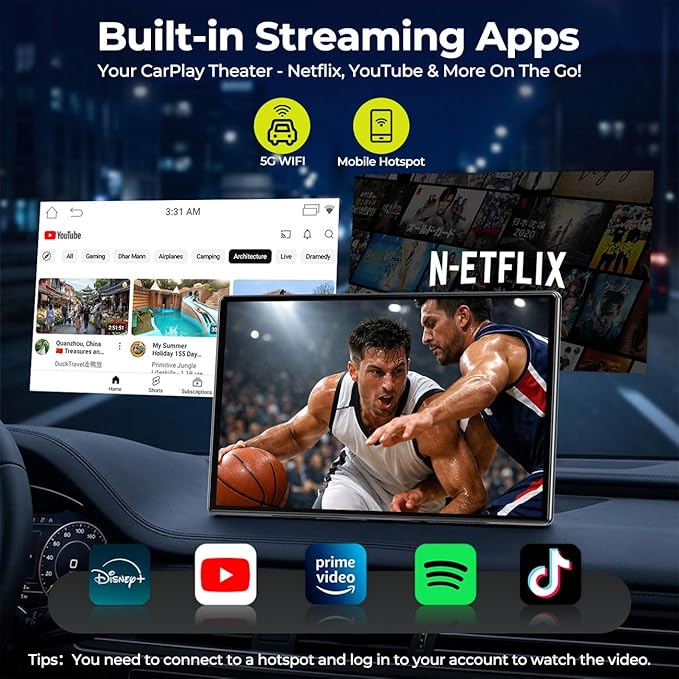 LAMTTO 9" Wireless CarPlay Screen with Net-Flix YouTube Apps Portable Car Play Screen for Apple Carplay and Android Auto with Backup Camera Navigation Bluetooth Voice Control AUX Siri