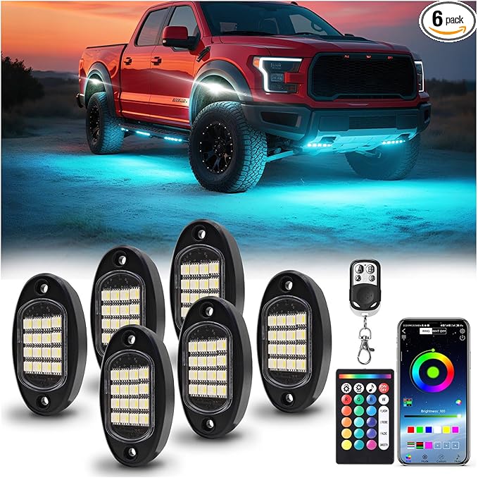 6 Pods RGBW LED Rock Lights for ATV UTV Golf Cart RZR SXS Truck Jeeps Off Road, Waterproof Multicolor Neon Underglow Kit with APP/RF Remote Control&Brake Red Function,12V Pure White Underbody Lights