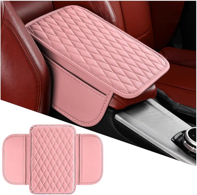 Mandark Car Center Console Cover, Microfiber Leather Vehicle Armrest Protector Cushion with 2 Storage Bags, Auto Interior Arm Rest Seat Box Pad Accessories, Universal for SUV, Sedan, Truck (Pink)